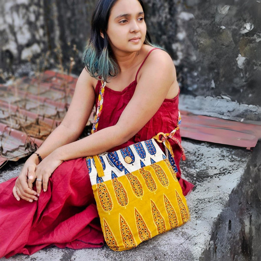 Fabric Sling Bag For Women | Ethnic Hand Block Print | Mustard And Off-White