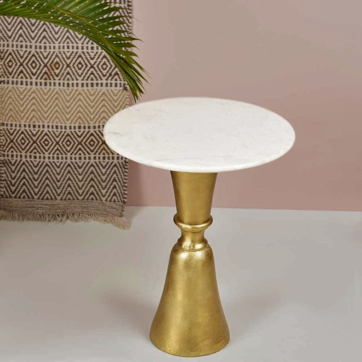 Marble Top End Table In Round | Minimalistic Design | Modern Accent Table | Gold Finish | 19 Inches Tall