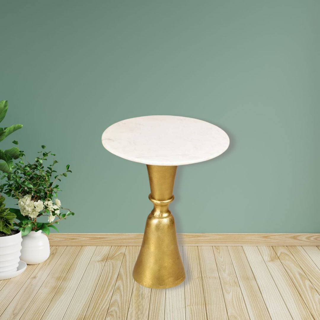 Marble Top End Table In Round | Minimalistic Design | Modern Accent Table | Gold Finish | 19 Inches Tall