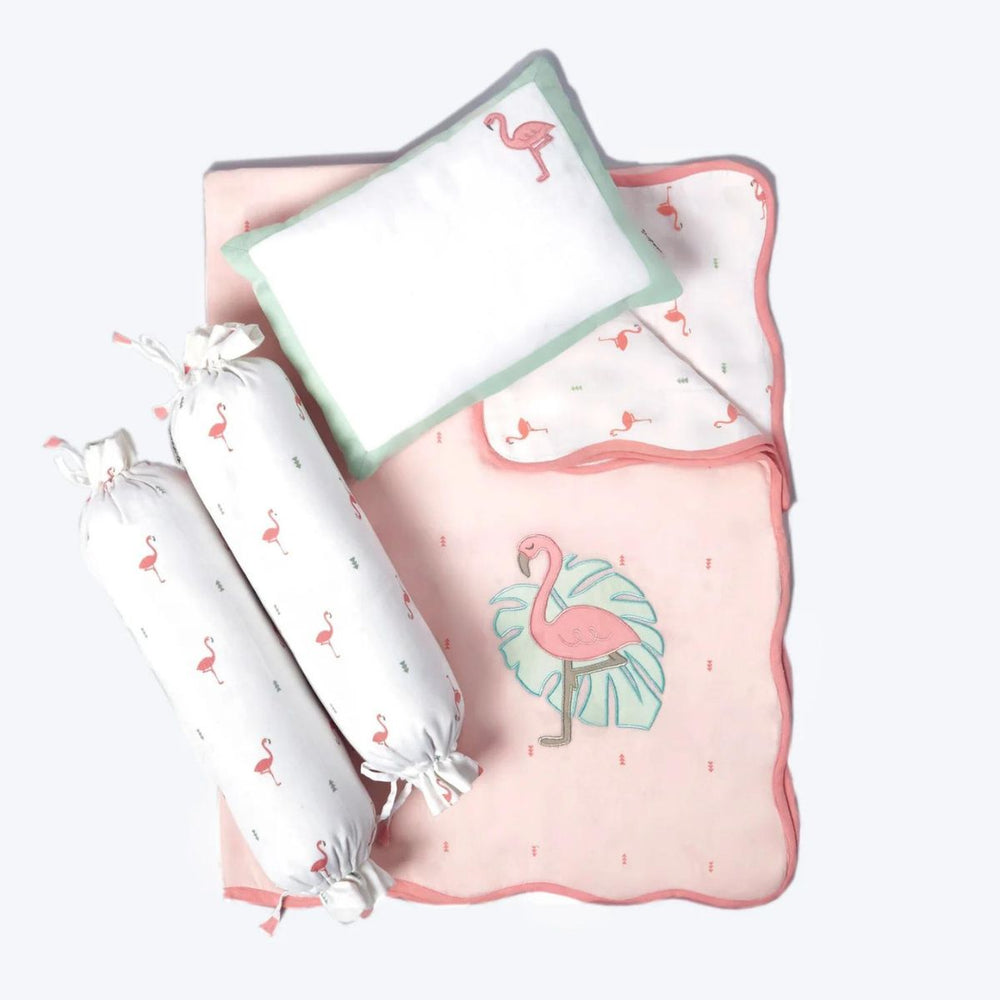 Flamingo Pink Mini Cot Bedding Set For Babies | Cotton | Set Of 4