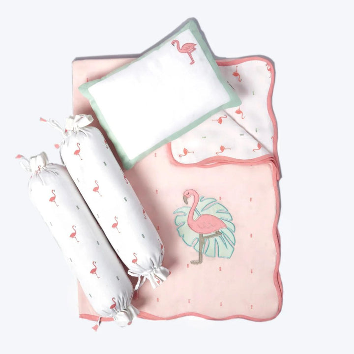 Flamingo Pink Mini Cot Bedding Set For Babies | Cotton | Set Of 4