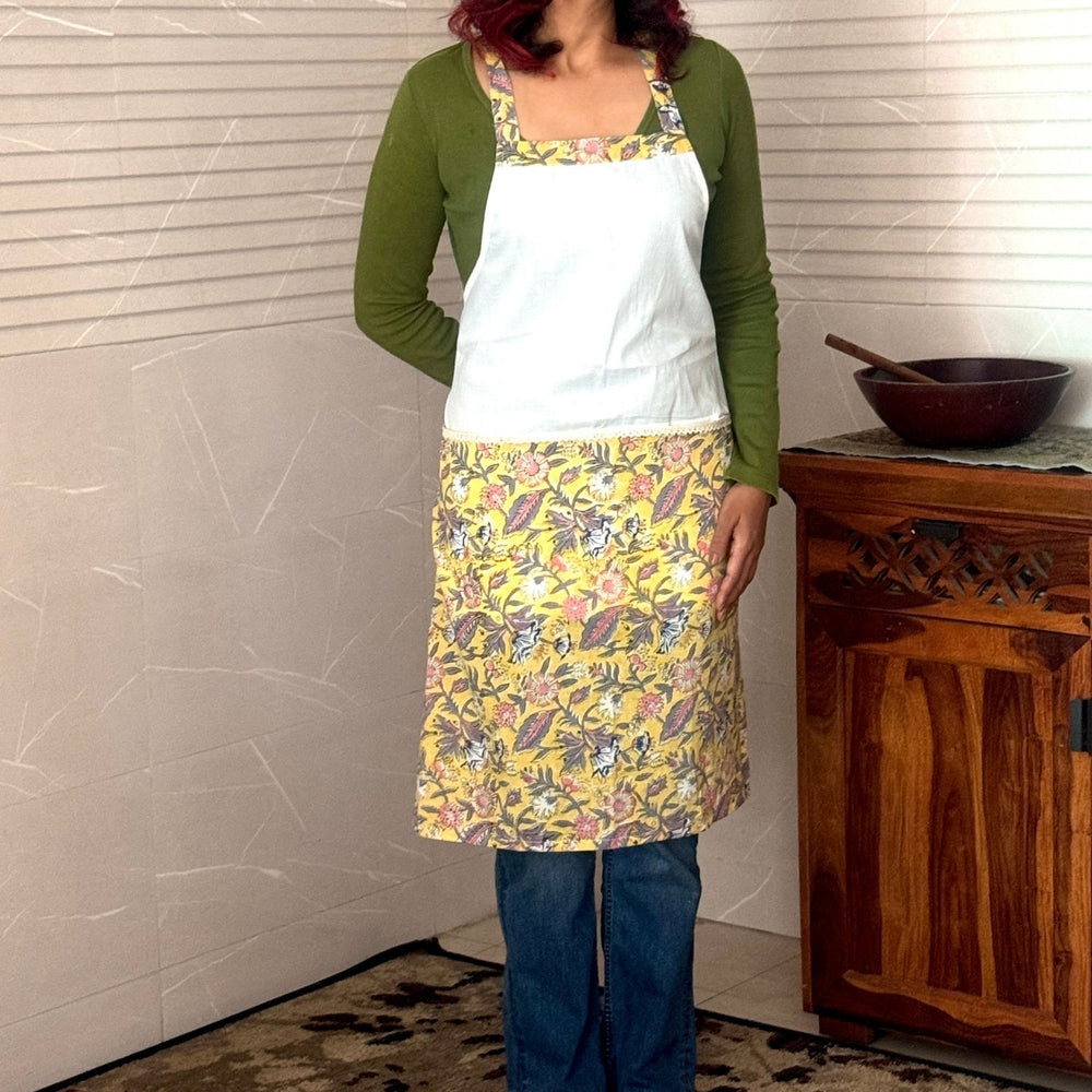 Floral Bliss Adjustable Neck Apron with Front Pockets | Block-Printed | Cotton