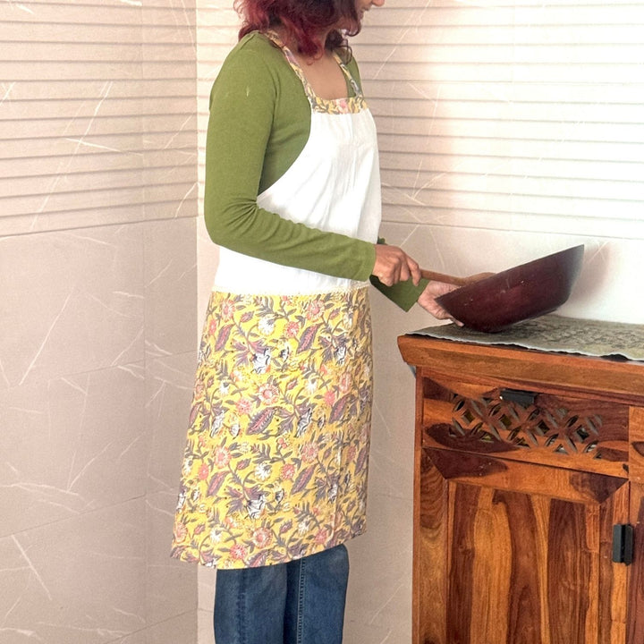 Floral Bliss Adjustable Neck Apron with Front Pockets | Block-Printed | Cotton