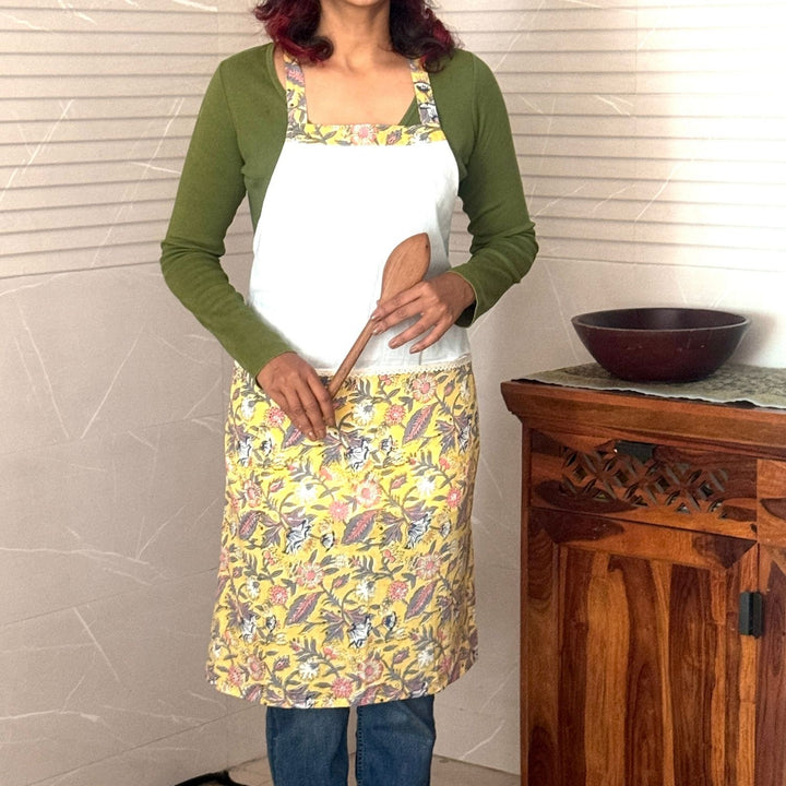 Floral Bliss Adjustable Neck Apron with Front Pockets | Block-Printed | Cotton