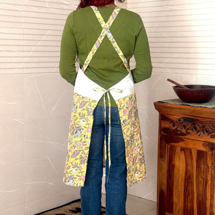 Floral Bliss Adjustable Neck Apron with Front Pockets | Block-Printed | Cotton