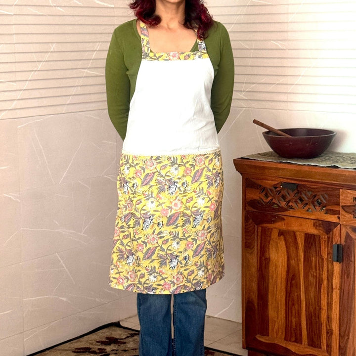 Floral Bliss Adjustable Neck Apron with Front Pockets | Block-Printed | Cotton