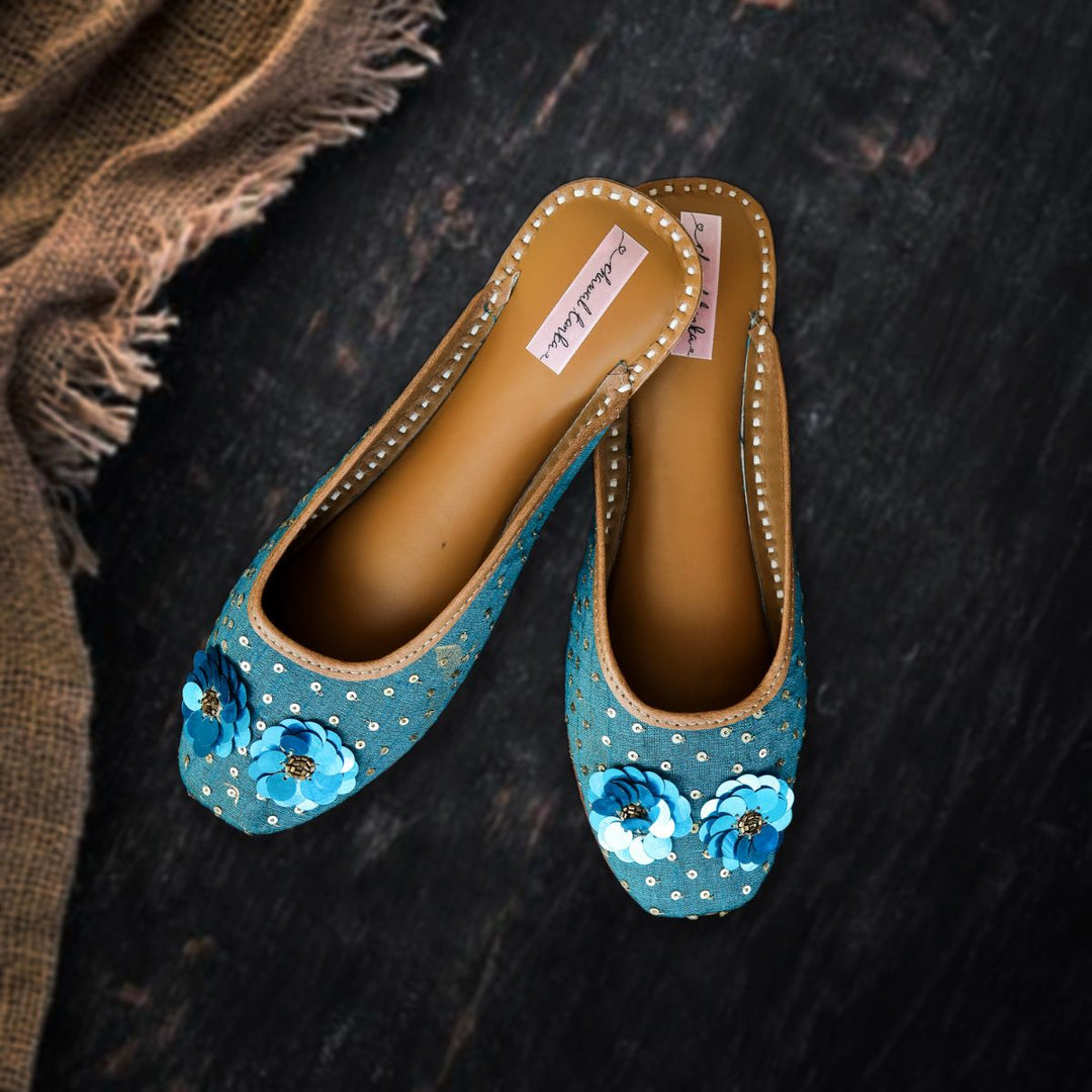 Floral Sequin Work Women Jutti | Festive Styling | Peacock Blue