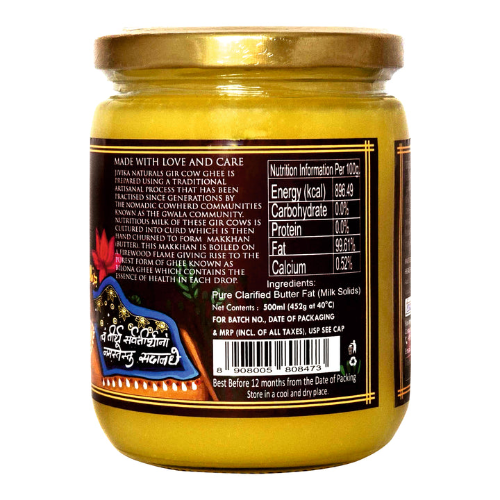 Gir Cow Ghee | Premium | Bilona Churn | No Trans Fat | Pure | Organic | Glass Jar of 500 ML