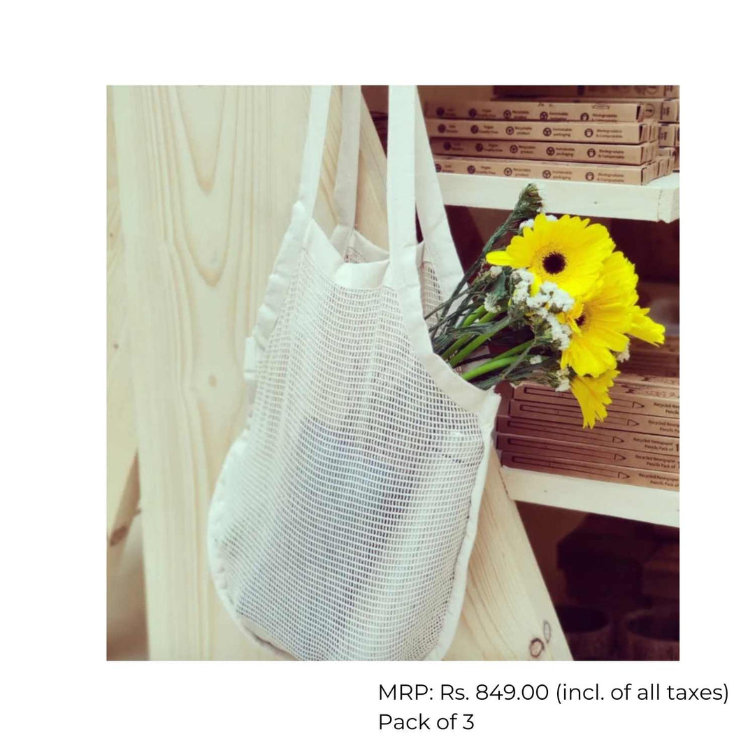 Cotton Mesh Bag | Shopping Bag | Multi-purpose | Off White | Pack Of 3