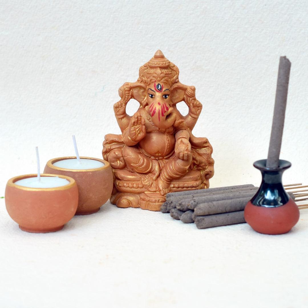 Little Ganesha Idol Puja Kit | Hand-Crafted | Diwali Special Pack Of 4