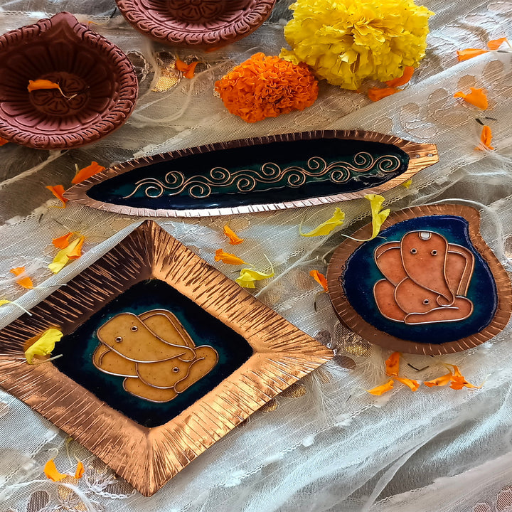 Ganesha Puja Thali Set In Blue | Copper Ware | Festive | Combo Of 3