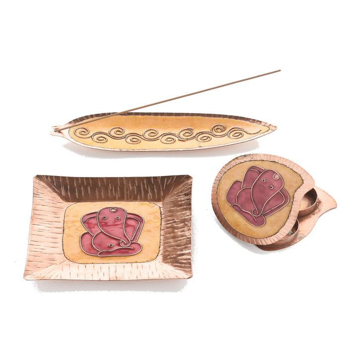 Ganesha Puja Thali Set In Yellow | Copper Ware | Combo Of 3