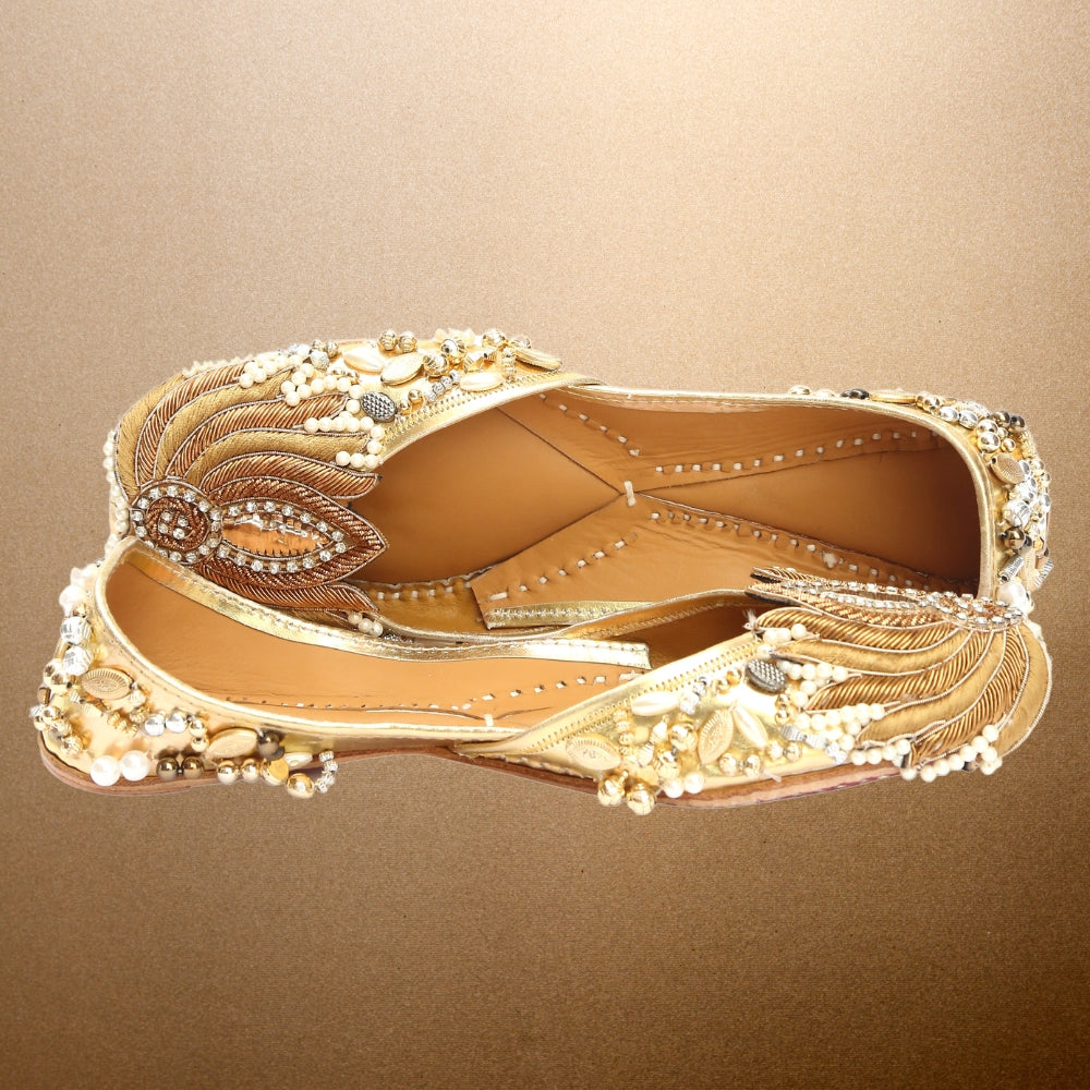 Golden Jutti for Women | Lavishly Adorned | Ethnic Party Wear