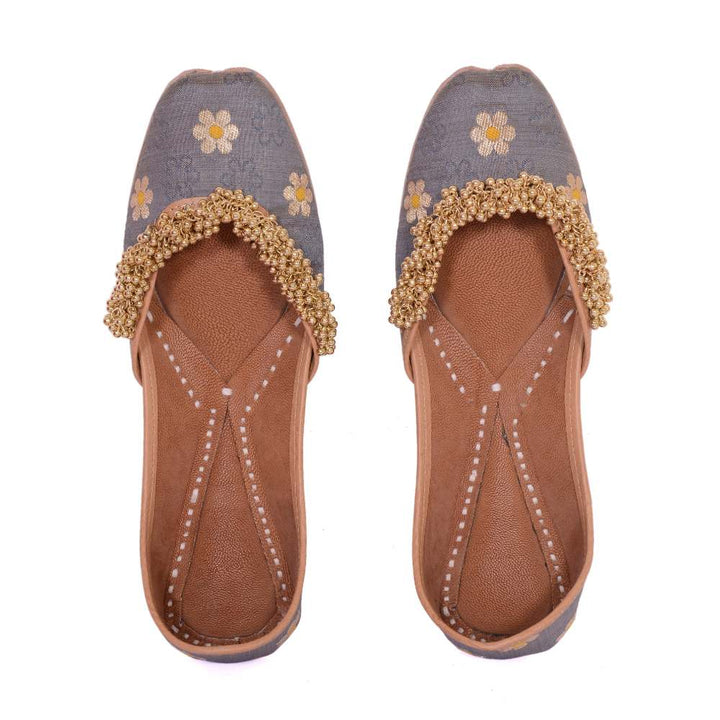 Grey Floral Silk Ghungroo Stud Jutti | Ethnic Festive Wear