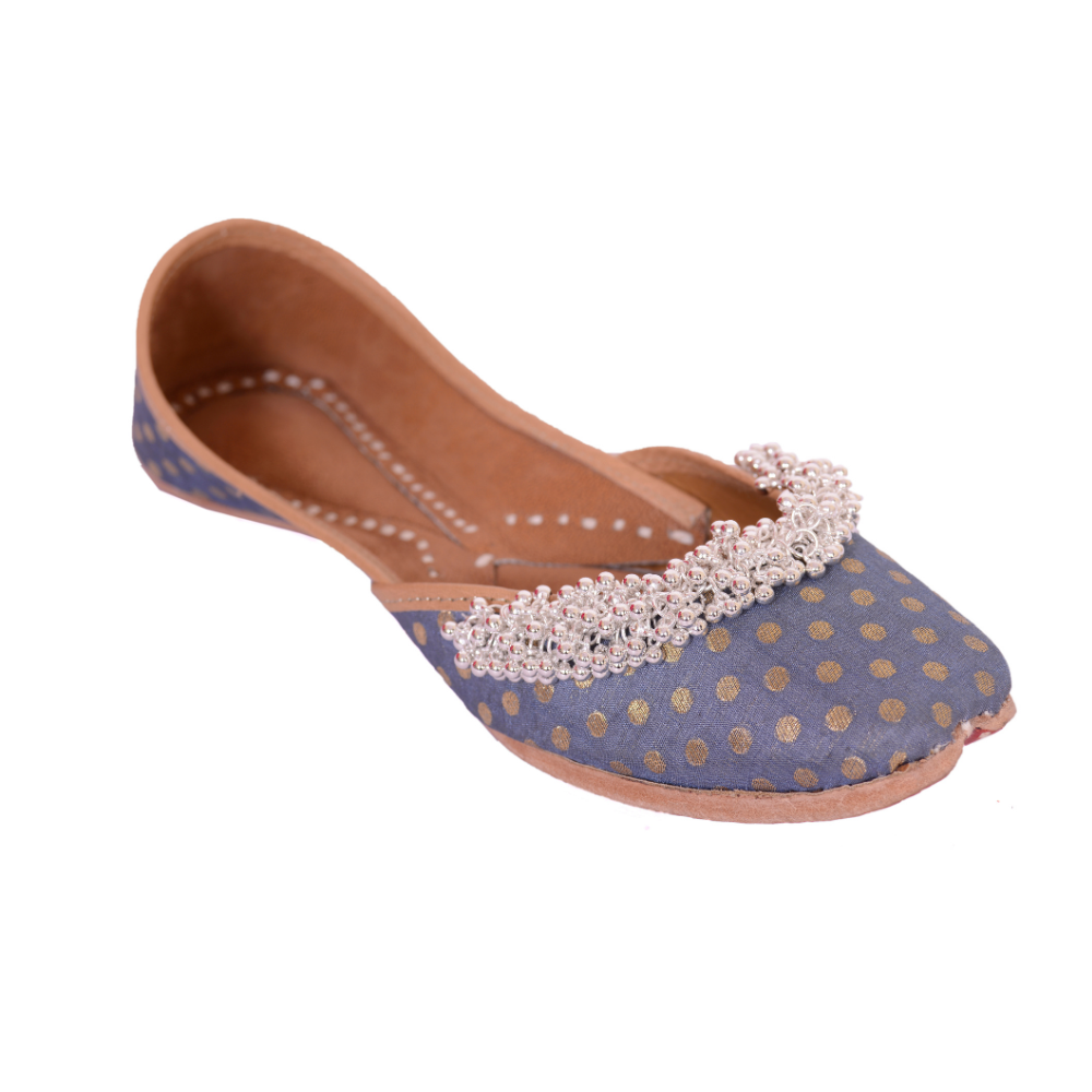 Grey Polka Dot Ghungroo Stud Jutti | Hand Made For Festivities | Cushion Comfy