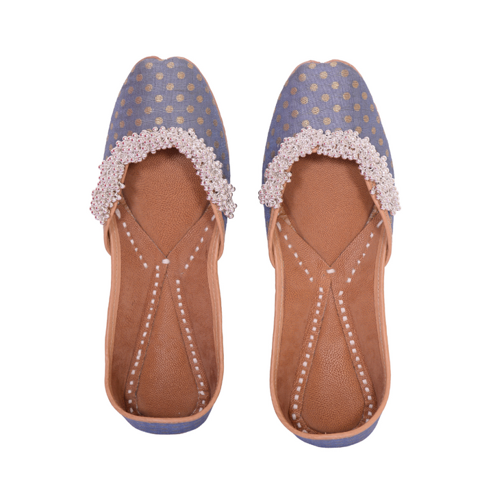 Grey Polka Dot Ghungroo Stud Jutti | Hand Made For Festivities | Cushion Comfy