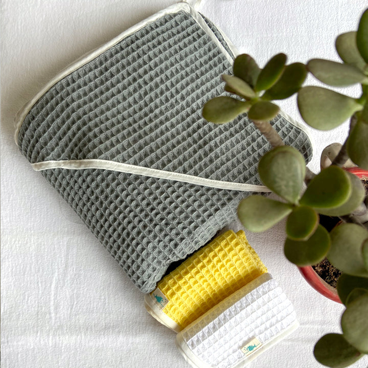 Grey Waffle Hooded Towel For Kids | Cotton | Set of 3