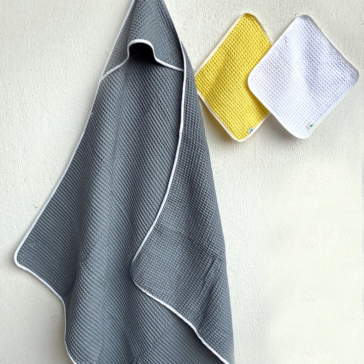Grey Waffle Hooded Towel For Kids | Cotton | Set of 3