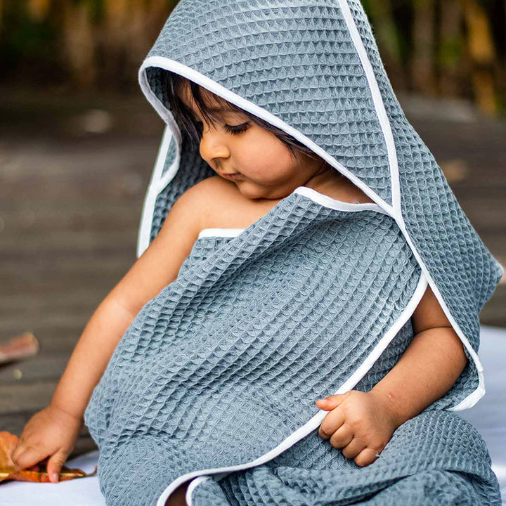 Grey Waffle Hooded Towel For Kids | Cotton | Set of 3