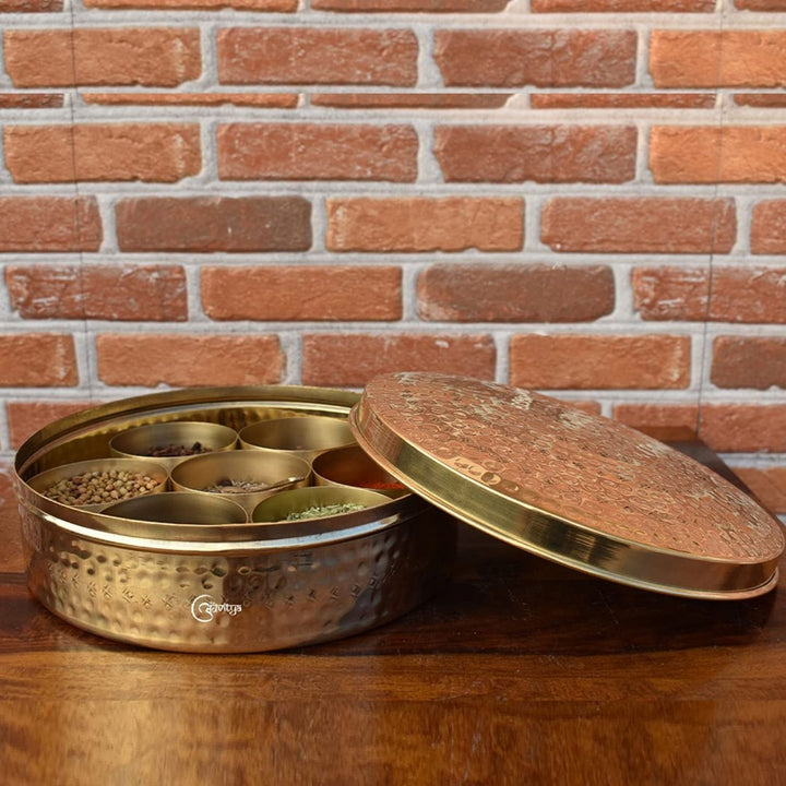 Hammered Design Kitchen Spice Box / Masaledani | Brass | Hand-Crafted