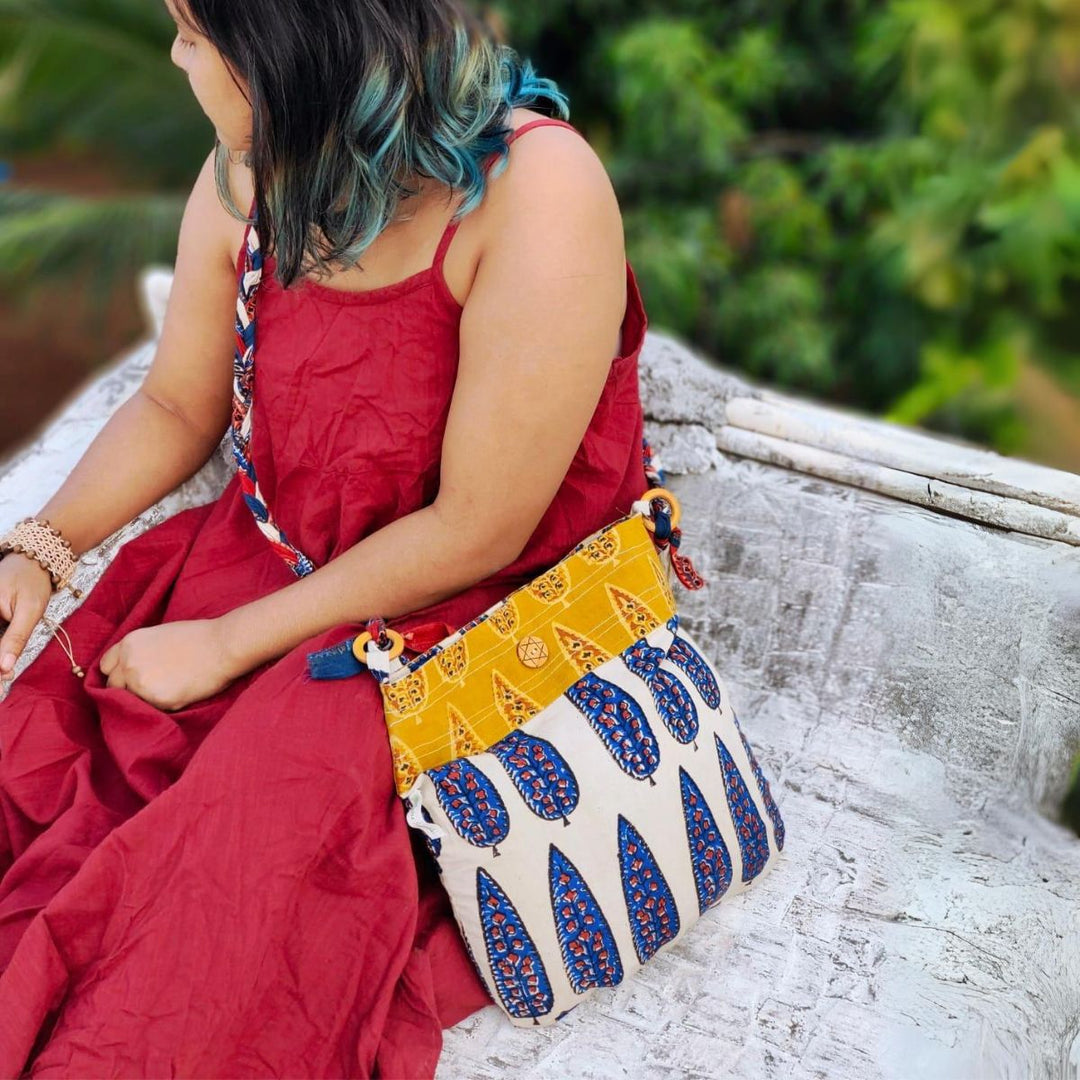 Braided Sling Bag For Women | Ethnic Hand Block Printed | Blue And Off-White 