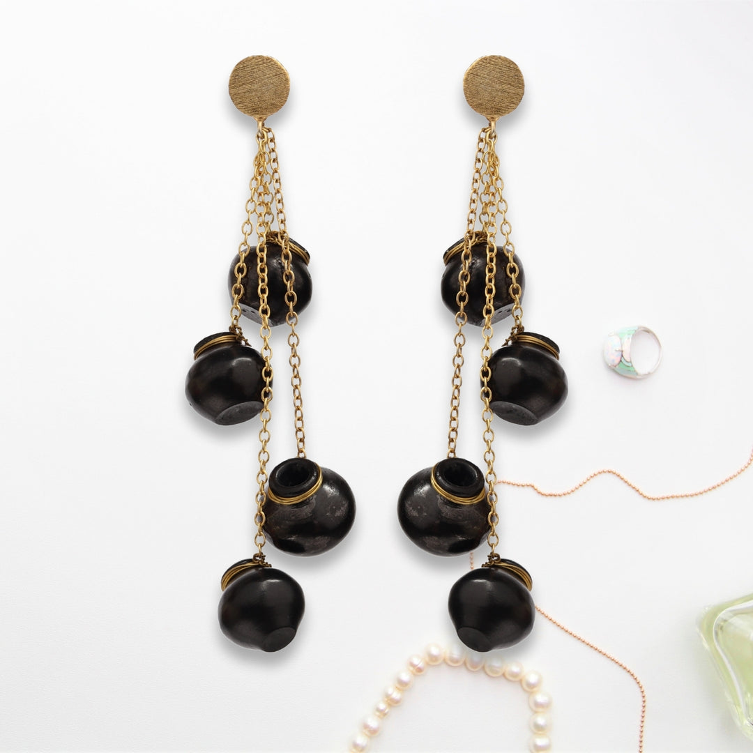 Hand Crafted Black Pottery Earring | Artistic And Brass Made | Statement Jewelry