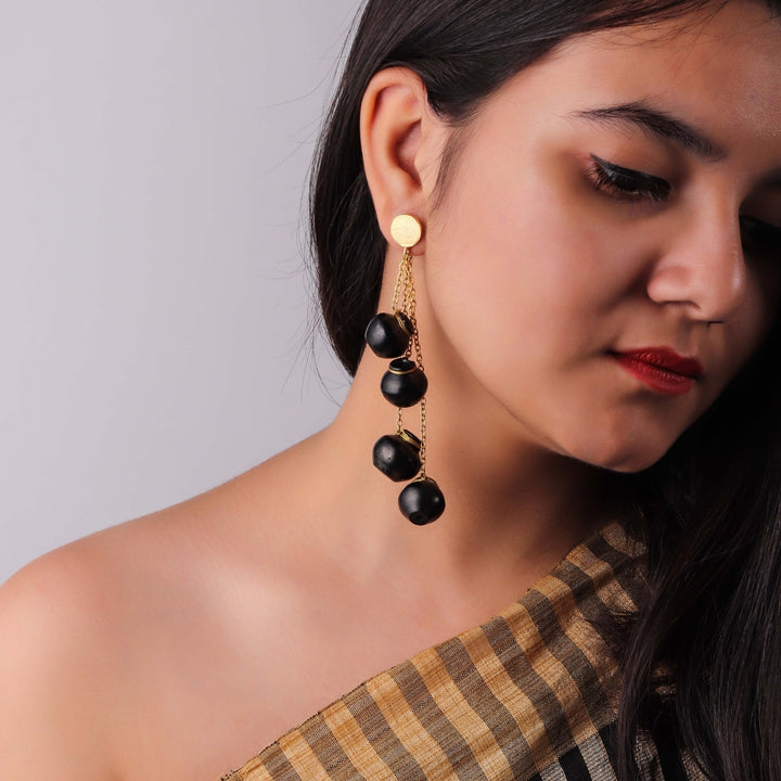 Hand Crafted Black Pottery Earring | Artistic And Brass Made | Statement Jewelry