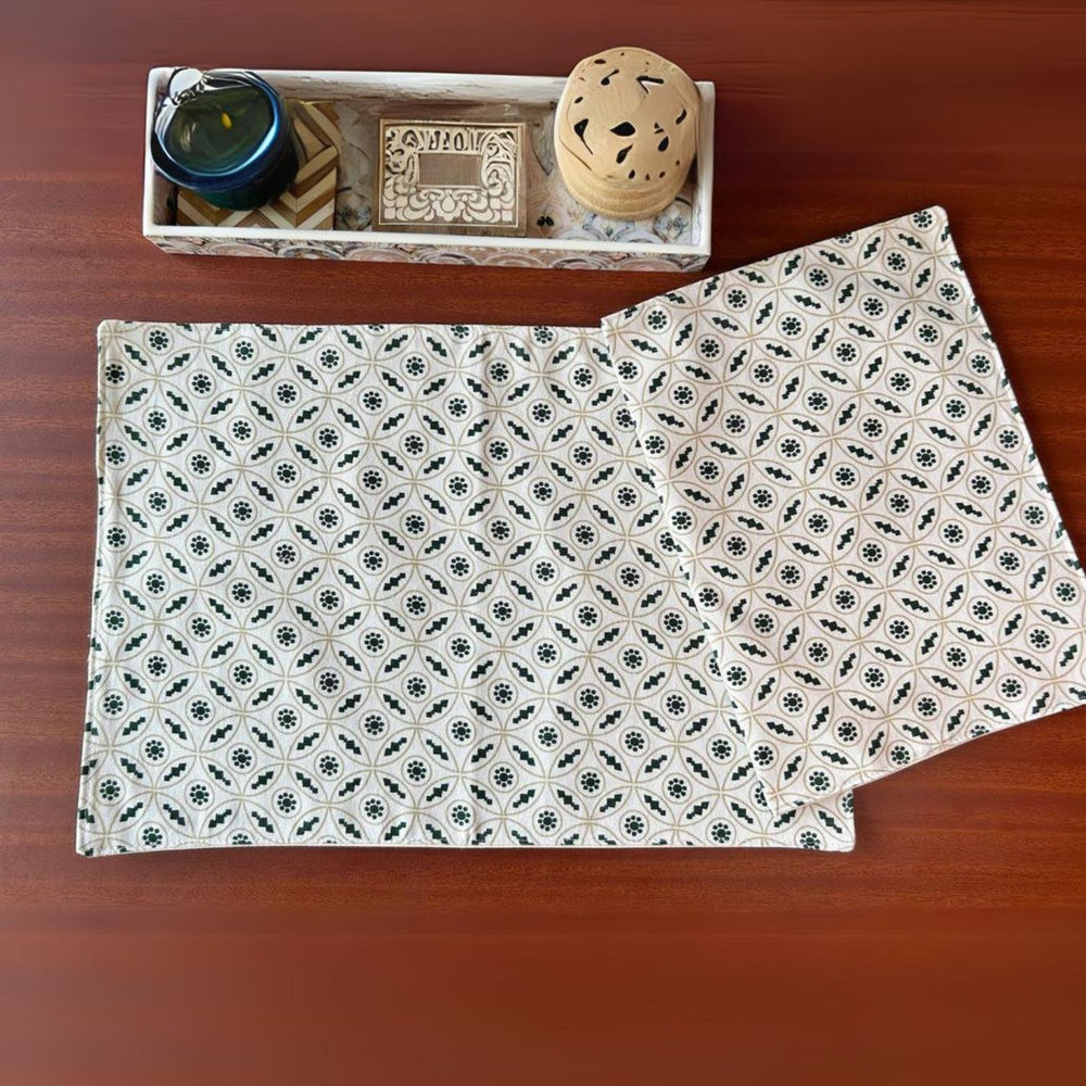 Hand Crafted Table Placemats | Bottle Green And Off-White | 12x18 Inches