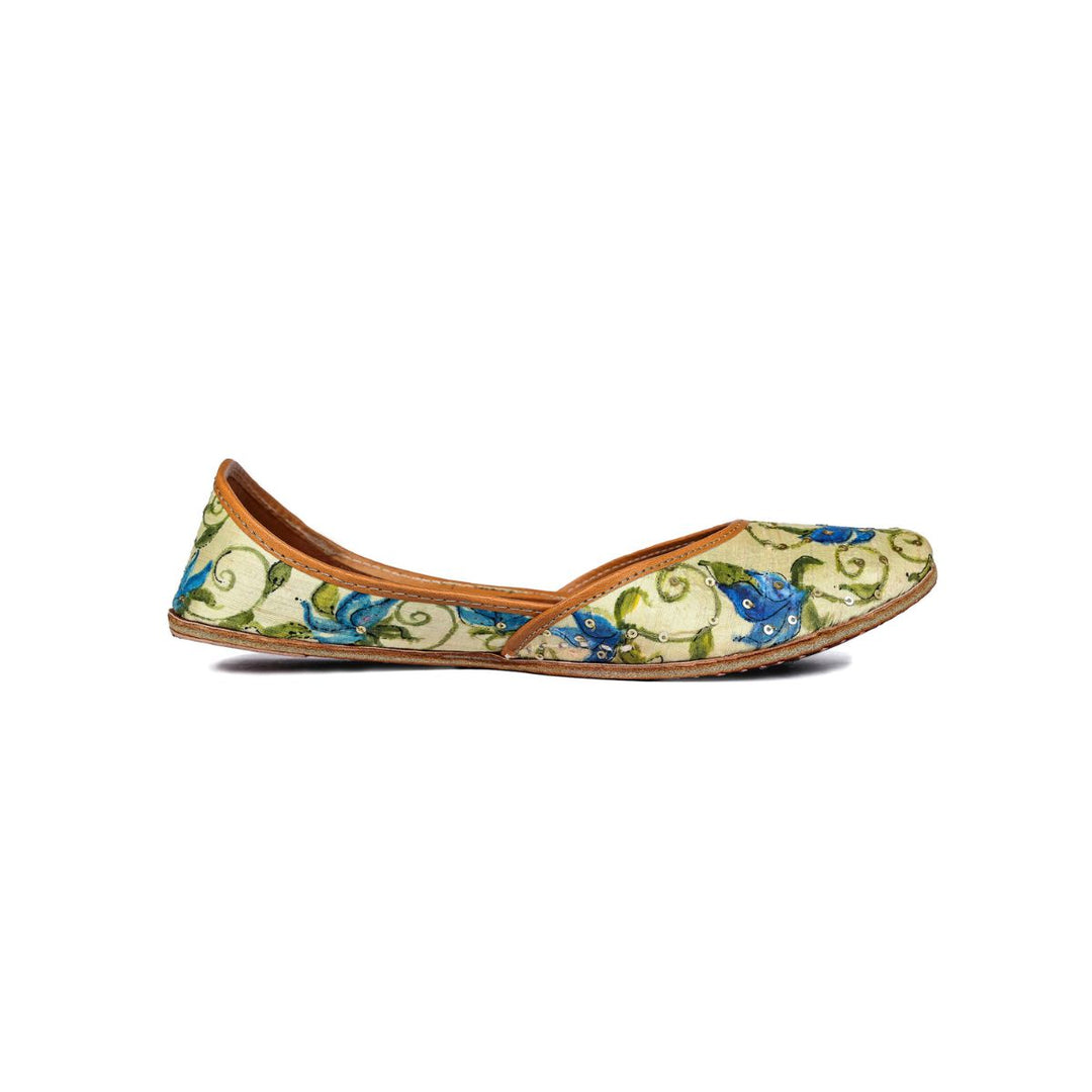 Hand Painted Tulip Raw Silk Women Jutti | White & Blue