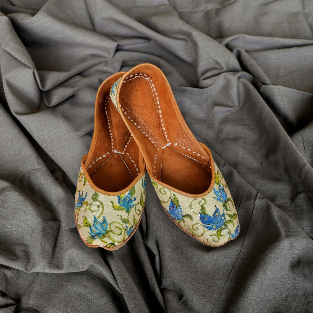 Hand Painted Tulip Raw Silk Women Jutti | White & Blue