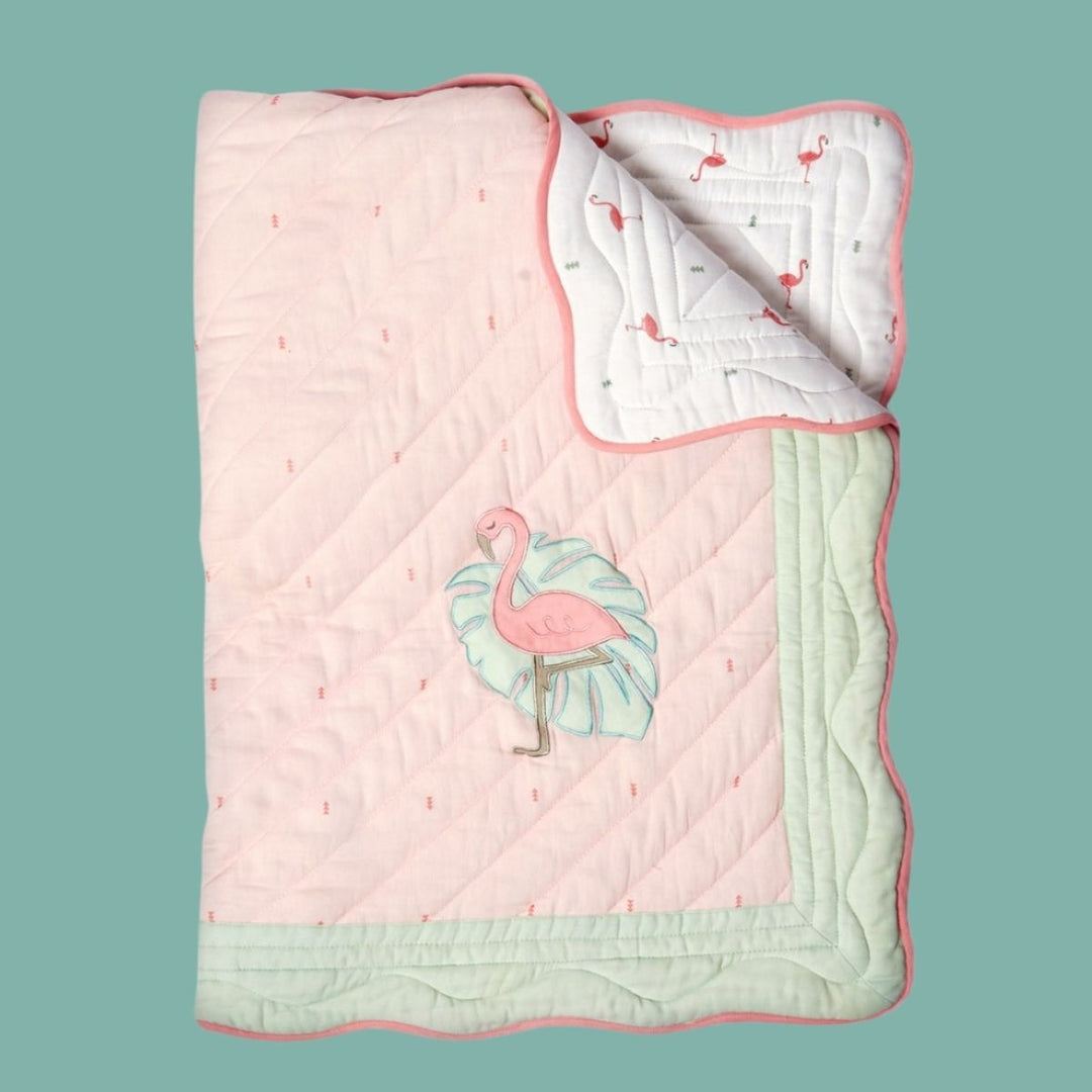 Hello Flamingo Pink Soft Quilt Blanket For Babies  | Cotton | 42 x 42 Inches