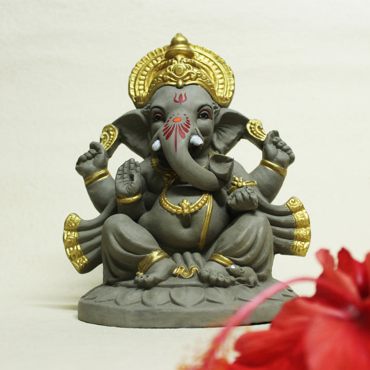 Eco-Friendly Lord Ganesh Idol | Hand-Made In Clay | Grey & Golden | 22 CM