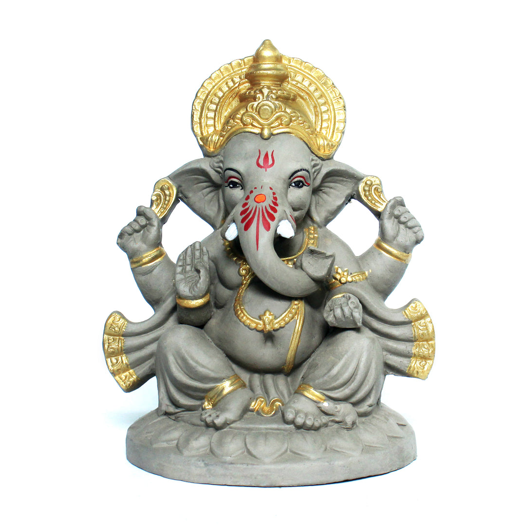 Eco-Friendly Lord Ganesh Idol | Hand-Made In Clay | Grey & Golden | 22 CM