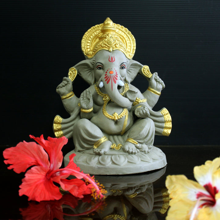 Eco-Friendly Lord Ganesh Idol | Hand-Made In Clay | Grey & Golden | 22 CM