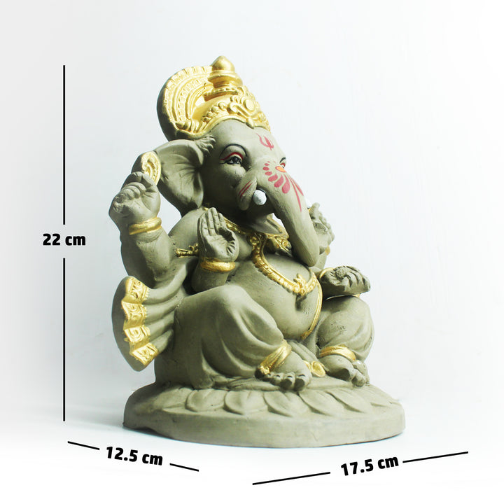 Eco-Friendly Lord Ganesh Idol | Hand-Made In Clay | Grey & Golden | 22 CM