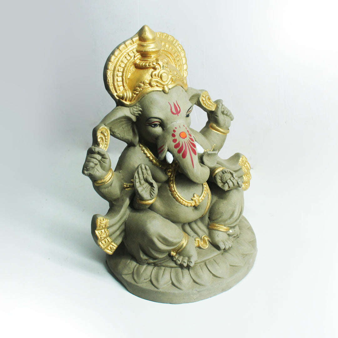 Eco-Friendly Lord Ganesh Idol | Hand-Made In Clay | Grey & Golden | 22 CM