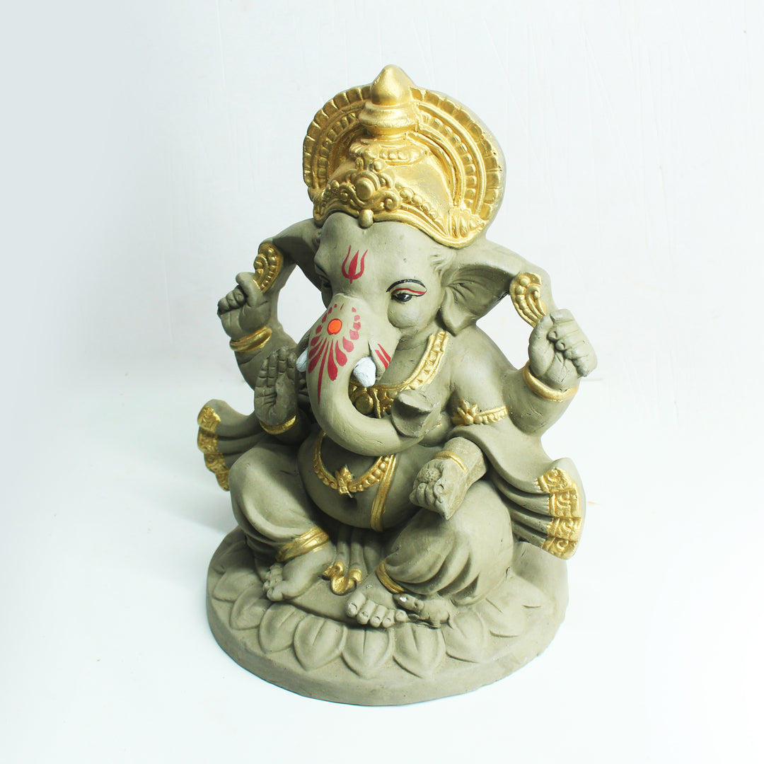 Eco-Friendly Lord Ganesh Idol | Hand-Made In Clay | Grey & Golden | 22 CM