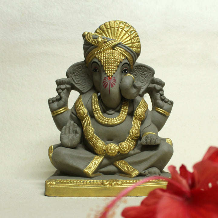 Maharaja Ganesh Idol | Eco-Friendly | Sustainable | Grey & Golden | 26 CM