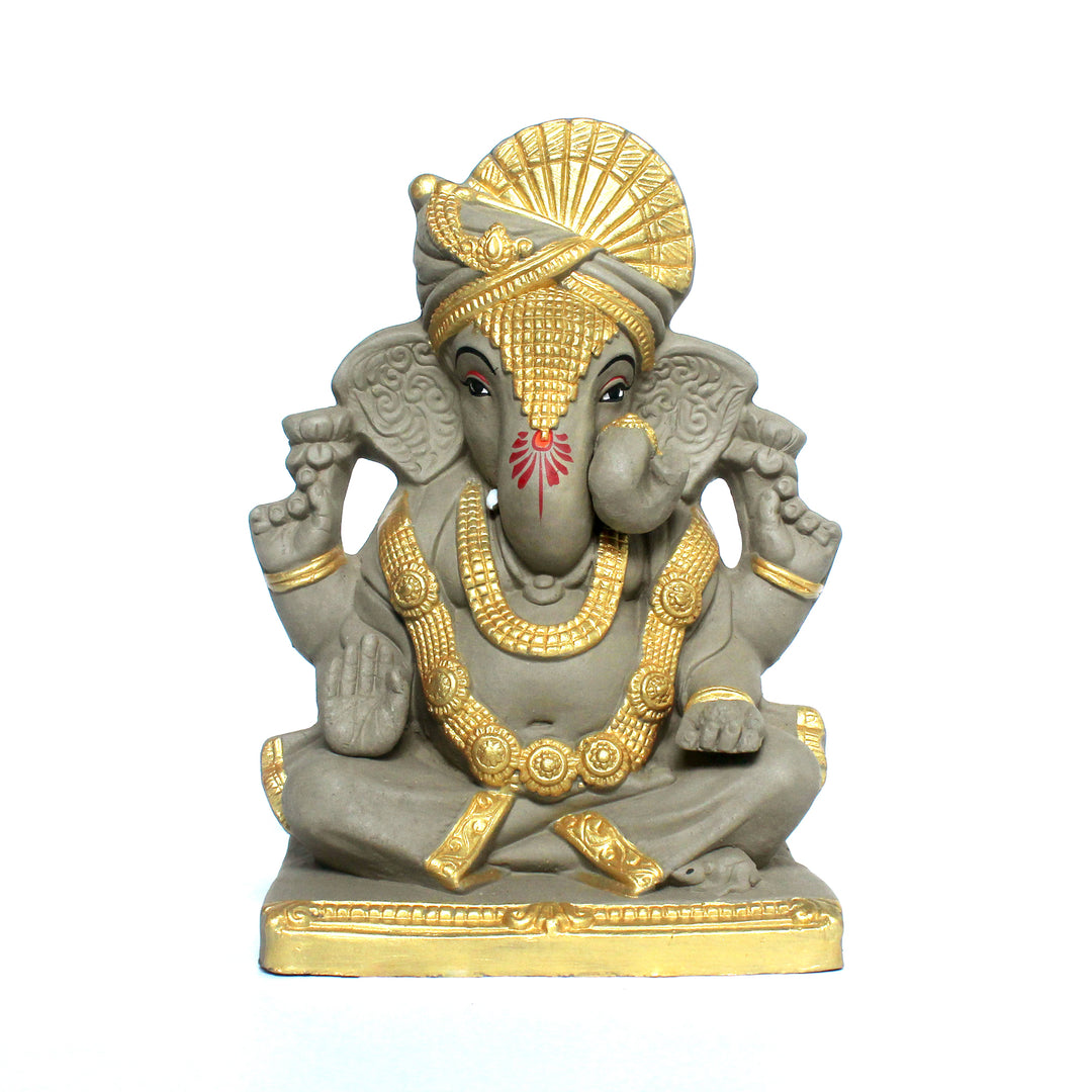 Maharaja Ganesh Idol | Eco-Friendly | Sustainable | Grey & Golden | 26 CM