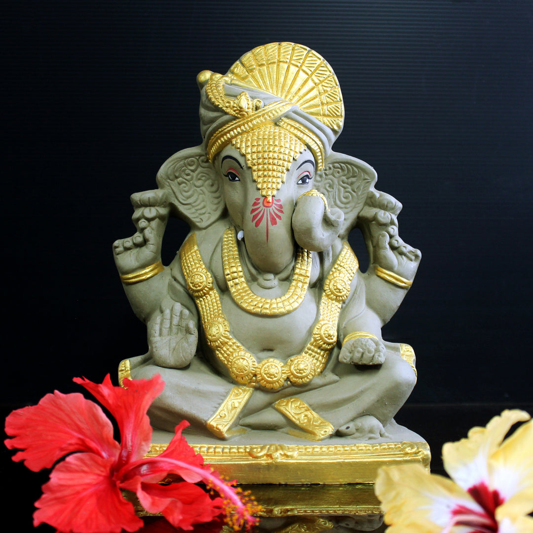 Maharaja Ganesh Idol | Eco-Friendly | Sustainable | Grey & Golden | 26 CM