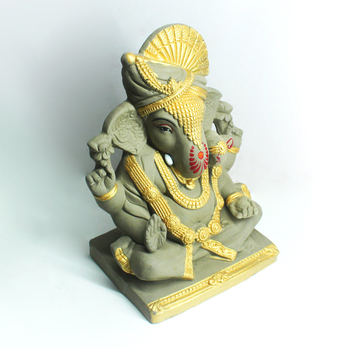 Maharaja Ganesh Idol | Eco-Friendly | Sustainable | Grey & Golden | 26 CM