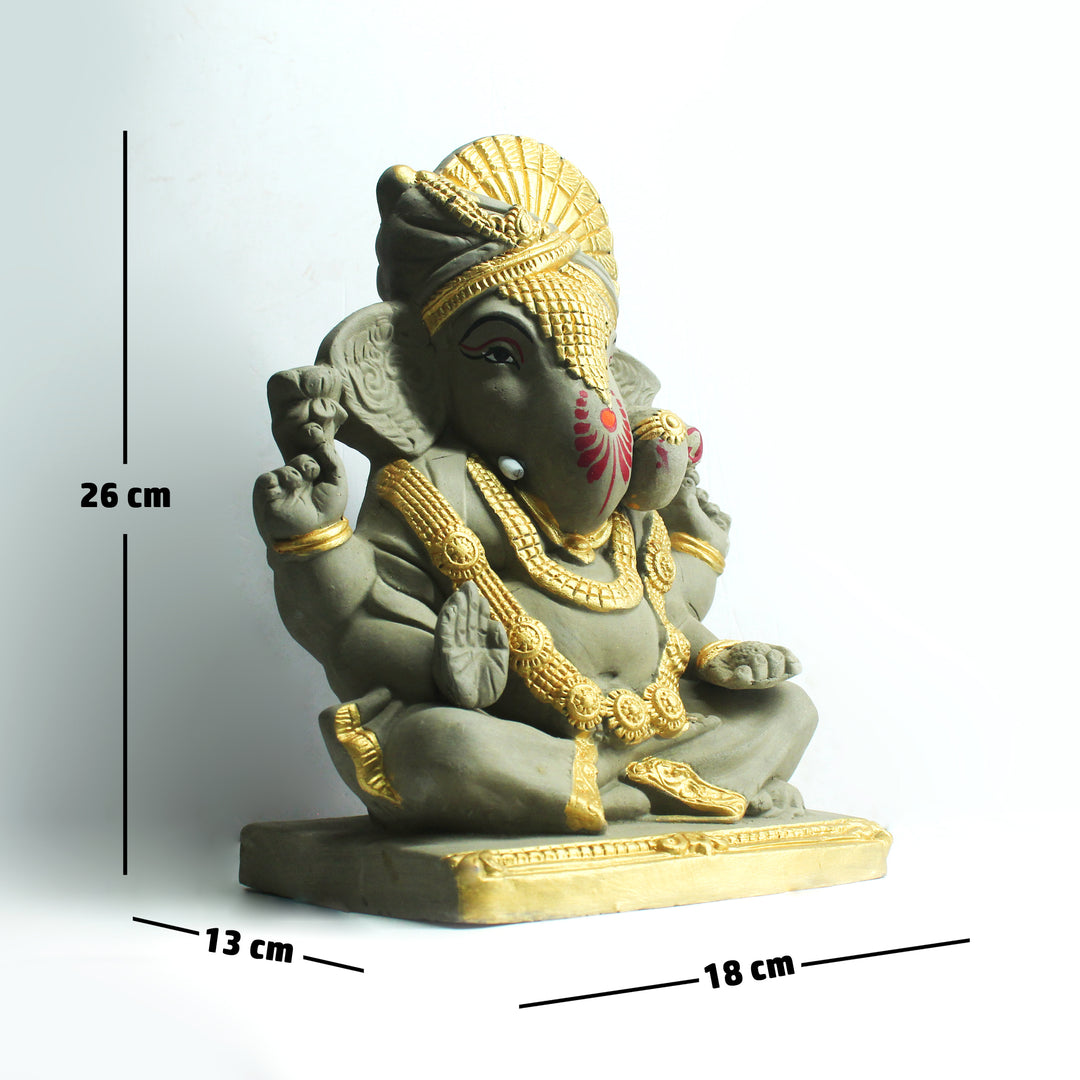 Maharaja Ganesh Idol | Eco-Friendly | Sustainable | Grey & Golden | 26 CM