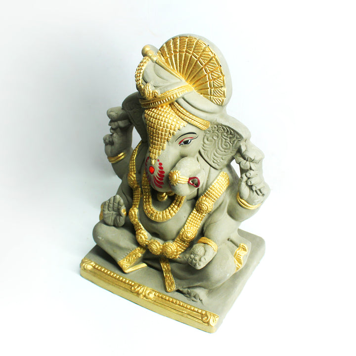 Maharaja Ganesh Idol | Eco-Friendly | Sustainable | Grey & Golden | 26 CM