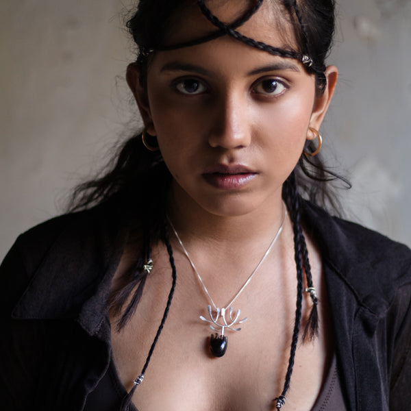 Gold Plated & Silver Pendant | Foliage Designed with Heart | Smoky Quartz Semiprecious Stone