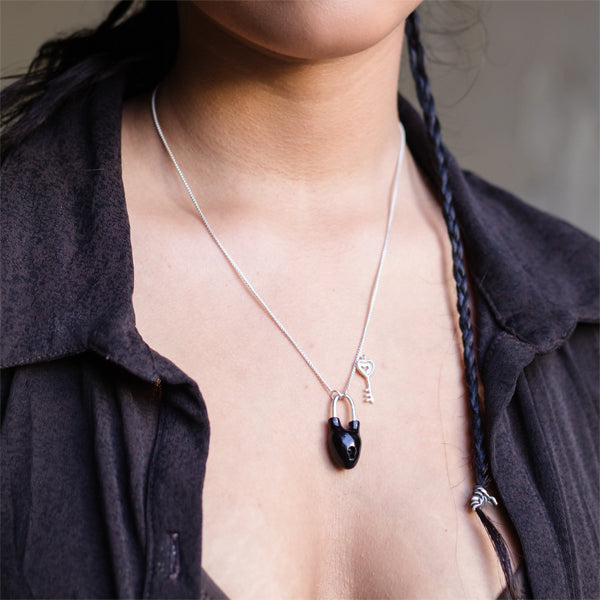 Black Pendant | 925 Silver and Gemstone Black Onyx | Lock And Key Design | Contemporary