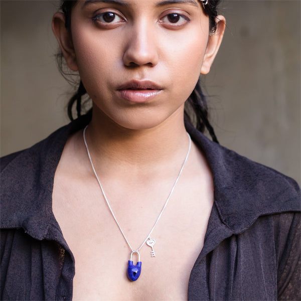 Blue Pendant | Made of Gemstone Lapis Lazuli | Hand Made| 925 Silver | Lock & Key Design