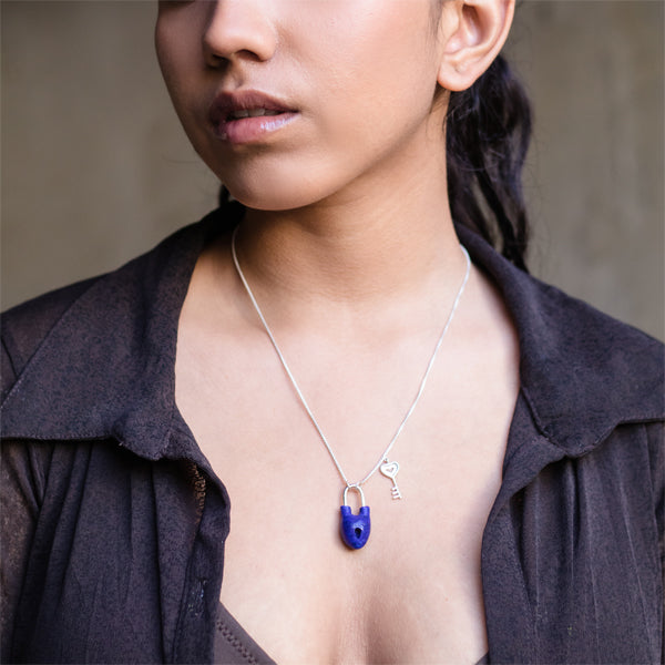 Blue Pendant | Made of Gemstone Lapis Lazuli | Hand Made| 925 Silver | Lock & Key Design