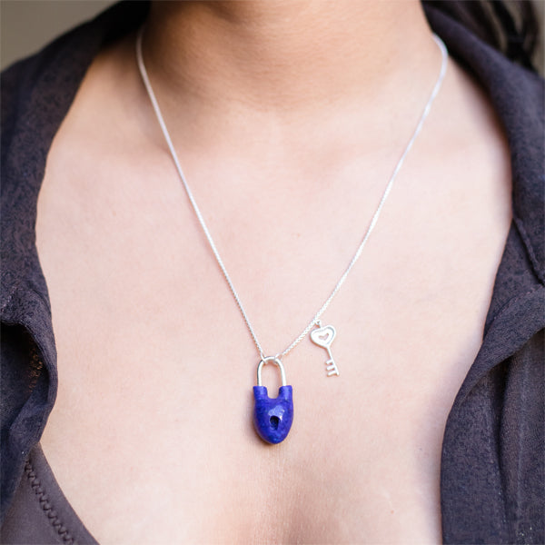 Blue Pendant | Made of Gemstone Lapis Lazuli | Hand Made| 925 Silver | Lock & Key Design