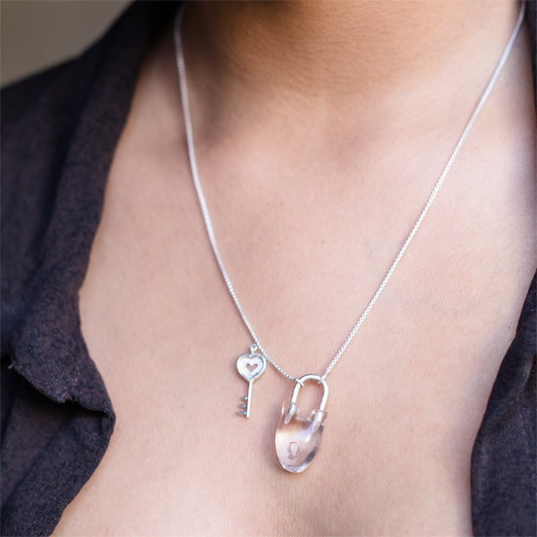 Rose White Pendant | Made of Crystal Quartz And 925 Silver | Lock & Key Design | Minimal