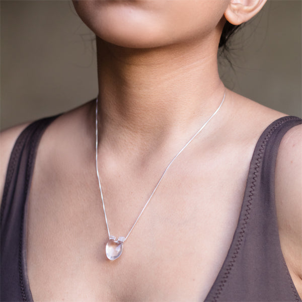 Pinkish White Pendant | Subtle Design Heart Veins | Hand Carved Crystal Quartz in 925 Silver